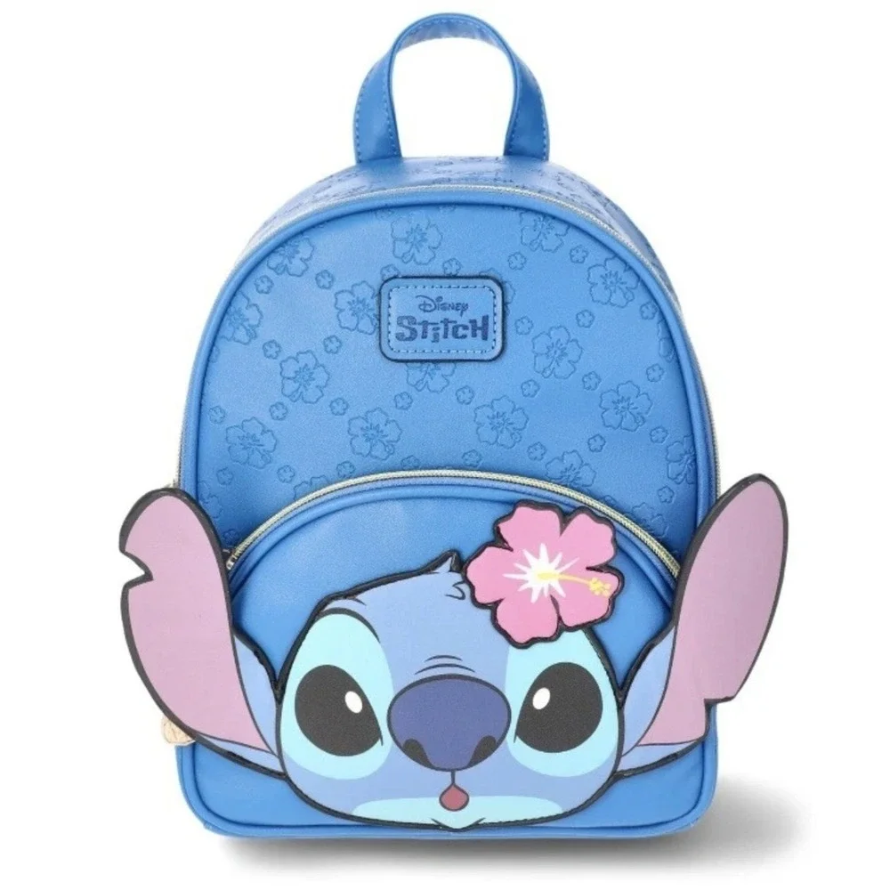 Disney Stitch Blue Hibiscus Floral Embossed Mini Backpack 3D Ears Faux Leather
